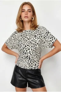 Olalook Women's White Leopard Drape Detailed Bat Model Polyamide Blouse - Image 3