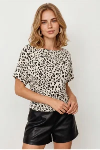 Olalook Women's White Leopard Drape Detailed Bat Model Polyamide Blouse - Image 4