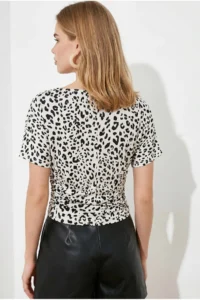 Olalook Women's White Leopard Drape Detailed Bat Model Polyamide Blouse - Image 5