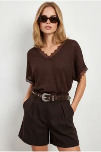 Olalook Women's Brown V-neck Flowy Summer Knitwear Blouse