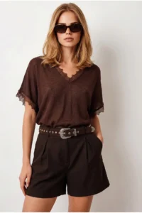 Olalook Women's Brown V-neck Flowy Summer Knitwear Blouse - Image 2