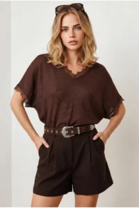 Olalook Women's Brown V-neck Flowy Summer Knitwear Blouse - Image 3