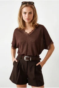 Olalook Women's Brown V-neck Flowy Summer Knitwear Blouse - Image 4