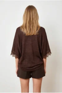 Olalook Women's Brown V-neck Flowy Summer Knitwear Blouse - Image 5