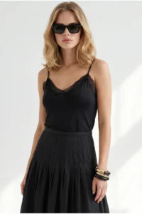 Olalook Women's Black Strap Loose Fit Draped Lace Blouse - Image 3