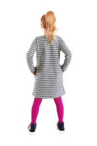 Denokids Gray Twin Cat Pocket Long Sleeve Striped Girl's Dress - Image 2