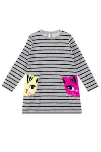 Denokids Gray Twin Cat Pocket Long Sleeve Striped Girl's Dress - Image 3