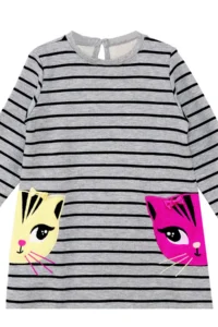 Denokids Gray Twin Cat Pocket Long Sleeve Striped Girl's Dress - Image 5