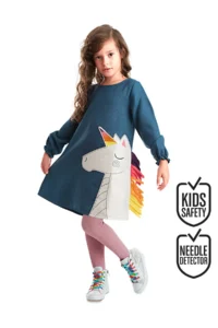 Denokids Colorful Unicorn Girl's Woven Navy Blue Winter Dress
