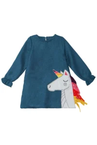 Denokids Colorful Unicorn Girl's Woven Navy Blue Winter Dress - Image 3