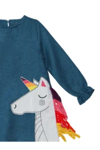 Denokids Colorful Unicorn Girl's Woven Navy Blue Winter Dress - Image 5
