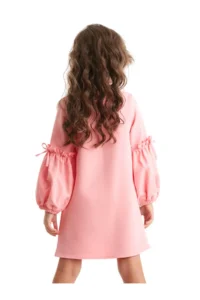 Denokids Pink Cute Friends Girl's Woven Balloon Sleeve Winter Dress - Image 2