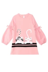 Denokids Pink Cute Friends Girl's Woven Balloon Sleeve Winter Dress - Image 3