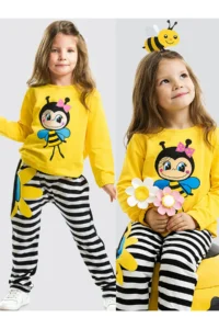 Denokids Striped Floral Bee Girls' Velvet Tracksuit Set