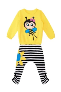 Denokids Striped Floral Bee Girls' Velvet Tracksuit Set - Image 3
