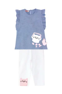 Denokids Frilly Cat Girl's Blue White Summer T-shirt Tunic Tights Set - Image 3