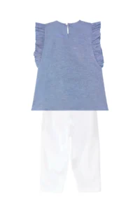Denokids Frilly Cat Girl's Blue White Summer T-shirt Tunic Tights Set - Image 4