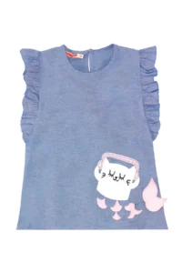 Denokids Frilly Cat Girl's Blue White Summer T-shirt Tunic Tights Set - Image 5