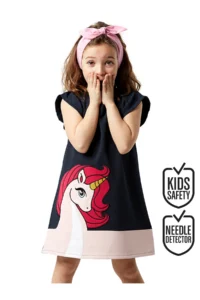 Denokids Unique Unicorn Girl's Frilled Navy Blue Summer Dress