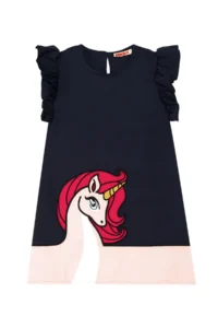 Denokids Unique Unicorn Girl's Frilled Navy Blue Summer Dress - Image 3