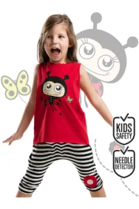 Denokids Red Ladybug Striped Girl's Summer T-Shirt Capri Shorts Set