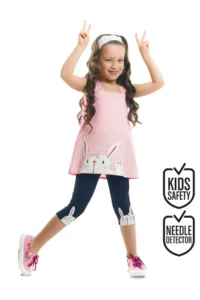 Denokids Rabbit Appliqued Girl's Pink Navy Blue Summer T-shirt Tunic Tights Set