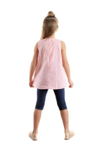 Denokids Rabbit Appliqued Girl's Pink Navy Blue Summer T-shirt Tunic Tights Set - Image 2