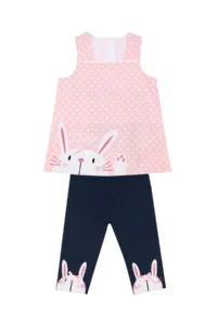 Denokids Rabbit Appliqued Girl's Pink Navy Blue Summer T-shirt Tunic Tights Set - Image 3