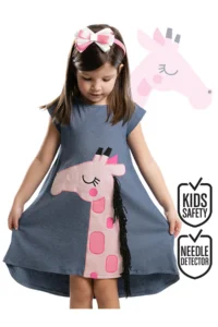 Denokids Pink Giraffe Girls' Dress+Headband