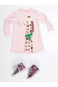 Denokids Cool Giraffe Girl's Pink Winter Long Sleeve Dress - Image 3