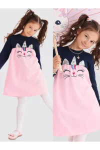 Denokids sequined Catcorn Girls' Pink Long Sleeve Dress