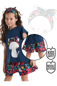 Denokids Floral Cat Girl's Navy Blue Summer T-shirt Poplin Shorts Set