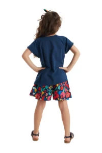 Denokids Floral Cat Girl's Navy Blue Summer T-shirt Poplin Shorts Set - Image 2