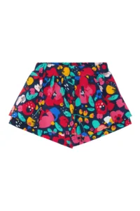 Denokids Floral Cat Girl's Navy Blue Summer T-shirt Poplin Shorts Set - Image 4