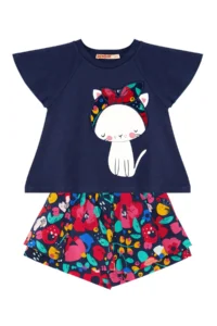 Denokids Floral Cat Girl's Navy Blue Summer T-shirt Poplin Shorts Set - Image 7