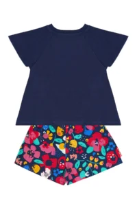 Denokids Floral Cat Girl's Navy Blue Summer T-shirt Poplin Shorts Set - Image 8