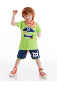 Denokids 3D Green Korsan Kids T-Shirt Shorts Bandana Set