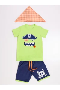 Denokids 3D Green Korsan Kids T-Shirt Shorts Bandana Set - Image 3
