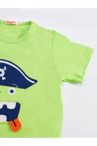 Denokids 3D Green Korsan Kids T-Shirt Shorts Bandana Set - Image 6