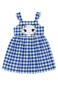 Denokids Navy Blue Star Cat Girl's Plaid Summer Strap Dress - Image 3