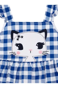 Denokids Navy Blue Star Cat Girl's Plaid Summer Strap Dress - Image 5
