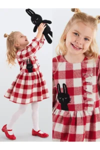 Denokids Black Rabbit Red Plaid Girl's Dress with Elastic Sleeves