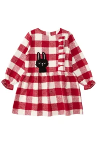 Denokids Black Rabbit Red Plaid Girl's Dress with Elastic Sleeves - Image 3
