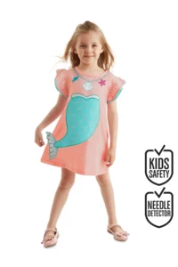 Denokids Mermaid Pink Girl's Summer Frilly Combed Cotton Dress
