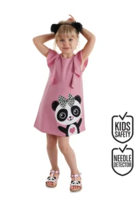 Denokids Panda Ruffle Detailed Girls' Pink Summer Dress