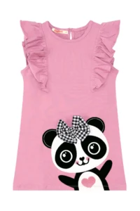 Denokids Panda Ruffle Detailed Girls' Pink Summer Dress - Image 3