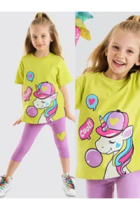 Denokids Cool Unicorn Girl's Summer T-shirt Lilac Tights Set