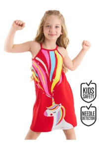 Denokids Unicorn Love Girl's Strappy Red Summer Dress