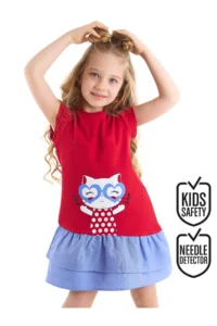 Denokids Kedi Frilly Red Girls' Summer Dress