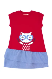 Denokids Kedi Frilly Red Girls' Summer Dress - Image 3